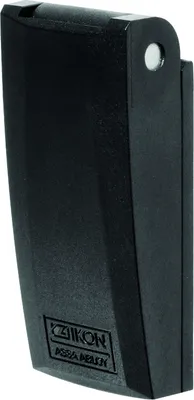 A black door lock component with a logo at the bottom.