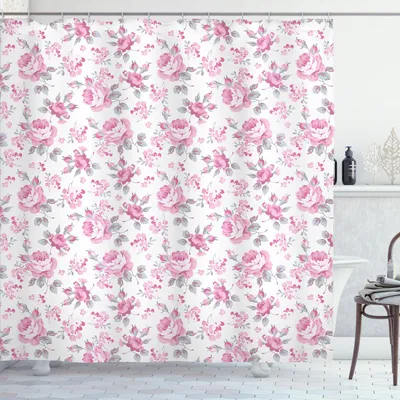 Image de ABAKUHAUS Rideau de douche Shabby Flora, roses roses avec feuilles grises, plantes de jardin, fleurs printanières, 175 x 180 cm, rose pâle, blanc, gris