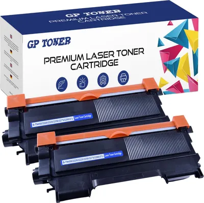 A box of GP Toner premium laser toner cartridges with two cartridges visible in the foreground.