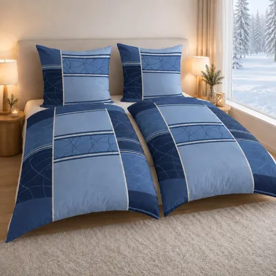Produktbild von Bettwäsche Winter Biber Feinbiber Baumwolle 2x 135x200 + 2x 80x80 cm Doppelpack Design: Karo Blau, KI-generiertes Bild
