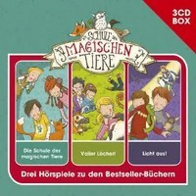 A colorful illustration of children and animals, with text indicating a "3CD BOX" and "Three Audio Plays based on the Bestseller Books."