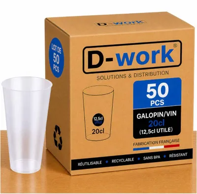 Image de Lot de Verres Gobelets GALOPIN/VIN 20 cl (12,5 utile), Réutilisable en Polypropylène sans BPA - Translucide - D-Work