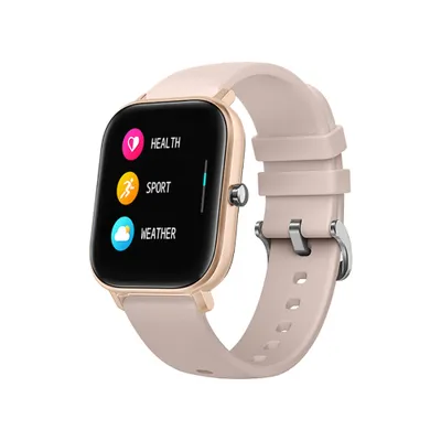A smartwatch with a pink band and gold casing is shown against a white background.