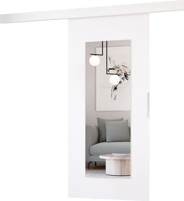 A sliding door with a mirror is shown in a room with a sofa and a coffee table.