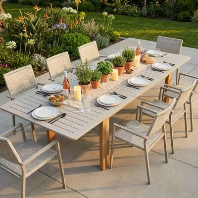 Immagine prodotto di Milani Home - tavolo da giardino allungabile, alluminio, 10 posti, grigio sabbia e marrone chiaro, piano 233 x 296 cm
