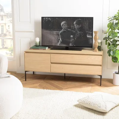 Produktbild von MAXENDRE – TV-Möbel aus Naturholz mit 1 Tür und 2 Schubladen, schwarze Metallfüße