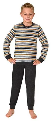 Produktbild von Jungen Frottee Pyjama in Ringel-Optik, warmer Schlafanzug mit Bündchen in tollen Farben ; orange , 140