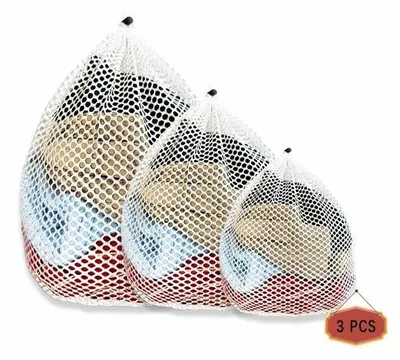 Produktbild von Unyqoos® Wäschenetz-Set 3‑teilig – wiederverwendbare Wäschenetze 30×40 / 40×50 / 50×60 cm, 100% Polyester, reißfest mit Kordelzug