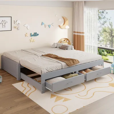 Productafbeelding van Slaapbank 90 x 190 cm, uitschuifbed 180 x 190 cm, houten bed met 2 lades, zonder armleuningen en rugleuning, gastenbed, lattenbodem, grijs