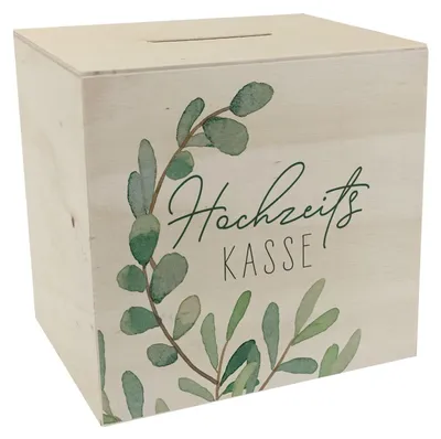 Produktbild von Hochzeitsgeldkassette aus Holz mit Eukalyptusmotiv, Geldkassette für das Brautpaar, Hochzeitsgeschenk, Flitterwochen-Accessoires, Boho-Dekoration