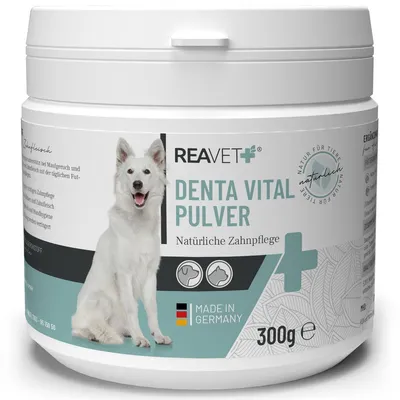 Produktbild von REAVET Denta Vital Zahnpflege Pulver für Hund & Katze 300g - Natürlicher Zahnsteinentferner, Effektive Zahnreinigung ohne Zahnbürste, Mittel gegen Zahnstein und Maulgeruch beim Hund