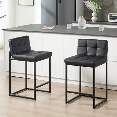 Produktbild von Barhocker 2er Set aus Kunstleder Moderne Barstühle mit niedriger Rückenlehne und Fußstütze epolsterte Küchenhocker für Kücheninsel & Bartheke Sitzhöhe 66 cm, Schwarz