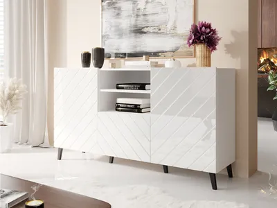 Produktbild von MIRJAN24 Kommode Abeto, Stilvoll Highboard mit 2 Türen und Schublade, Modern Wohnzimmer Sideboard (Farbe: Weiß / Weiß Hochglanz)