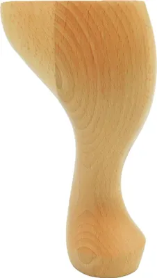 A single, unfinished wooden furniture leg with a baroque style curve, isolated on a white background.