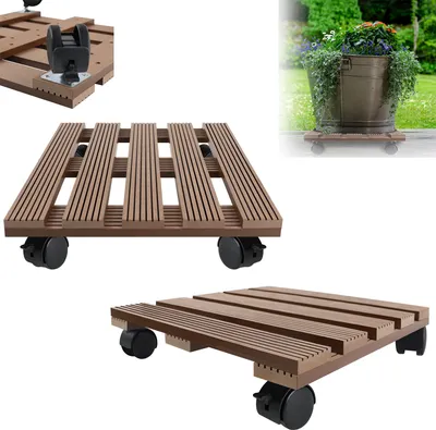 Image de XMTECH Rouleau pour plantes en WPC capacité de charge 100 kg, Rouleau pour plantes & fleurs 30x30cm pour extérieur + intérieur, planche à roulettes pour plantes, soucoupe avec roulettes, carré, marron