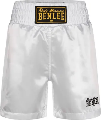 A pair of white boxing shorts with a black and gold logo on the waistband.