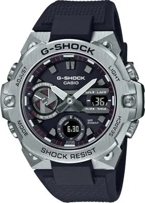 A close-up, front-facing studio shot of a G-SHOCK watch against a white background.