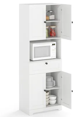 Produktbild von Badezimmerschrank mobil, Hochschrank, 4 Türen, Schublade, offenes Fach, verstellbare Böden, Küche, Waschküche,Weiß