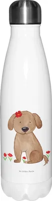 Produktbild von Mr. & Mrs. Panda Sportflasche Hund Dame - Weiß - Geschenk, Wasserflasche, thermosflaschen, Trinkflasche, Thermo-Trinkflasche, Hundeglück, Teeflasche, trinkflaschen, Liebe