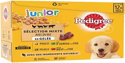Productafbeelding van Pedigree Junior Selection Geleij met verse stukjes - Voeding voor puppy's - 4 verschillende smaken - 48 zakjes van 100g