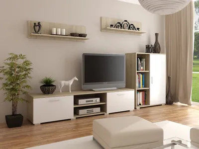 Produktbild von Per La Vita Wohnwand Szopen, Schrankwand Wohnzimmer Modern, Wohnzimmerschrank mit Wandregal, Wohnzimmer Komplett Möbel - Sonoma-Weiß