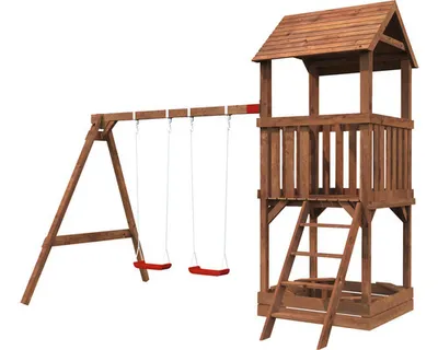 Produktbild von Spielturm Palmako Jesper 366 x 305 cm Holz braun bestehend aus Leiter, 2 Brettschaukeln, Sandkasten