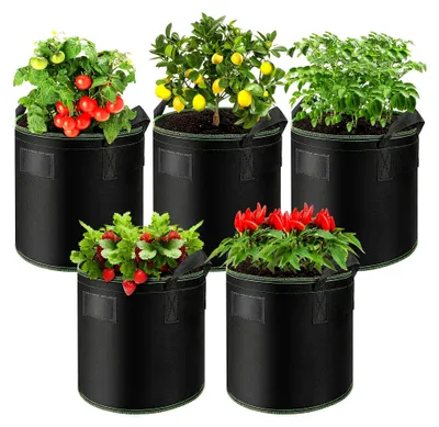 Produktbild von Pflanzsäcke 5 Stück 15L für Tomaten, aus Vliesstoff, für Garten und Gewächshaus, mit Griffen für Kartoffeln, Tomaten, Erdbeeren
