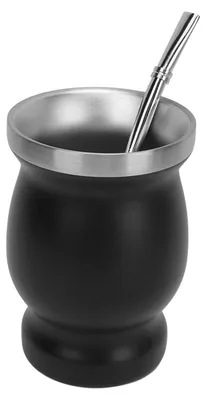 Image de Tasse à thé en forme de calebasse de 230 ml, en acier inoxydable à double paroi, avec cuillère, paille et brosse – Tasses isothermes pour thé, café et vin, noir