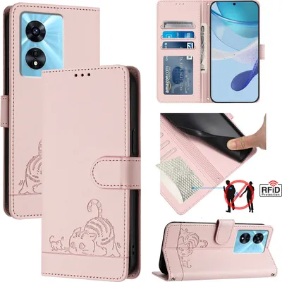 Obrázek produktu pro Kožené pouzdro pro OnePlus Nord N300/Oppo A77/A97 5G/Realme Narzo 50, sladká kočka Flip pouzdro s funkcí stojánku a peněženkou Růžový