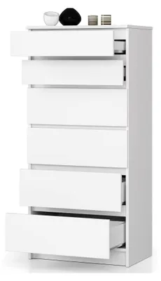 Produktbild von Kommode in Weiß, 60 cm breit, mit 6 Schubladen, geeignet für Schlafzimmer, Wohnzimmer, Flur und Kinderzimmer