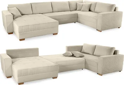 Produktbild von Wohnlandschaft U-Form Sofa Schlaffunktion Couch Bettkasten Cord in Grau Beige / 15200
