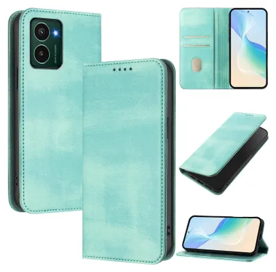 A collage of images showing a turquoise flip phone case from different angles, including one with a phone inside and another showing the card slots.