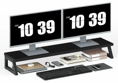 Zdjęcie produktu dla Stojak na monitory drewniany, dla 2 monitorów, wymiary 100 x 24 x 12,5 cm, kolor czarny, półka na biurko