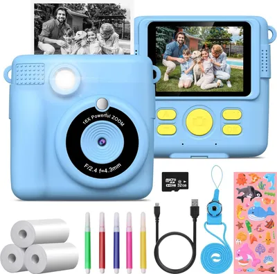 Produktbild von Kinderkamera, Sofortbildkamera, 1080P 2,4 Zoll Bildschirm mit Druckpapier & 32GB TF Karte, Digitalkamera mit Farbigen Stiften Geschenk