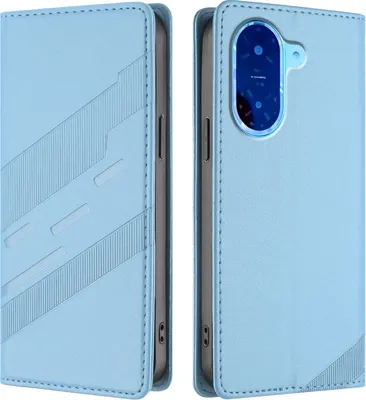 A light blue phone case shown from two angles, one showing the exterior design and the other showing the interior with a camera cutout.