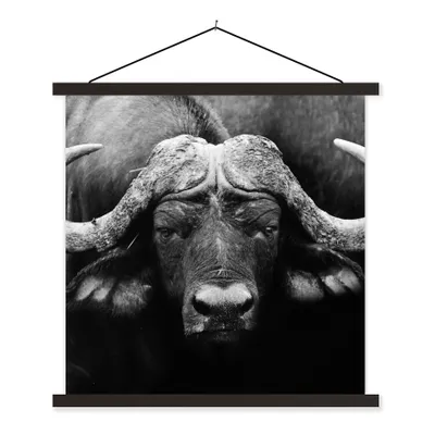 Produktbild von MuchoWow® Textilposter Tiere - Büffel - Schwarz - Weiß - Porträt 90x90 cm mit schwarzem Rahmen - Magnetisches