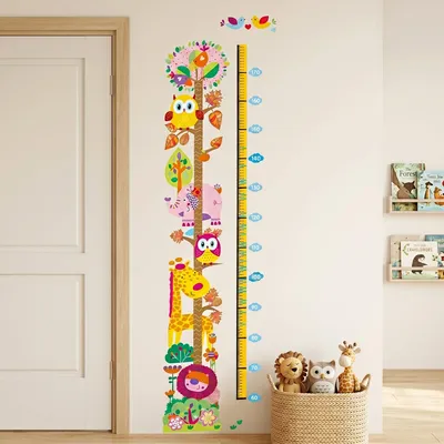 Produktbild von Wandaufkleber, dekorative selbstklebende Höhenmesslatte mit Eulen und Giraffen