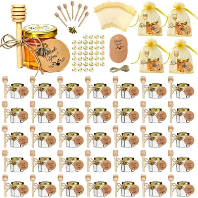 Produktbild von Set aus 40 Mini-Glas-Honiggläsern mit Holzlöffeln und Geschenkverpackung