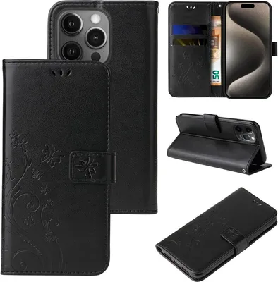 Produktbild von Handyhülle für Apple iPhone 15 Pro Floral Blumen Schmetterling Flip Cover Hülle Case Klapphülle Handytasche Farbe: Schwarz