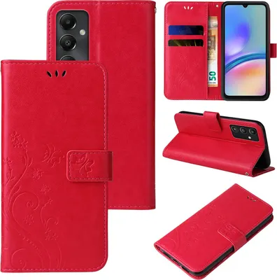 A collage of images showing a red flip phone case with floral and butterfly designs.