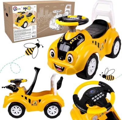 A collage of images showing a yellow toy car with a bee design, its packaging, and separate views of its parts and illustrations.