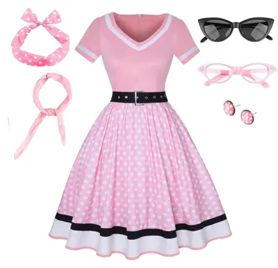 Produktbild von Solidchoice – Vintage-Kleid mit Punkten, inklusive Accessoires, ideal für Partys