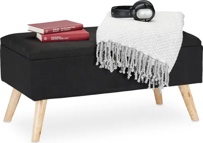 Produktbild von Relaxdays Sitzbank mit Stauraum, gepolstert, Holzbeine, Truhenbank Stoffbezug, H x B x T: 39,5 x 79,5 x 39,5 cm, schwarz