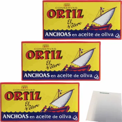 Produktbild von Conservas Ortiz Anchoas en aceite de oliva, Sardinenfilet in Olivenöl 3er Pack (3x47,5g Dose) + usy Block