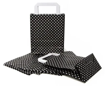 Produktbild von 10 kleine schwarz weiß gepunktete Papiertasche Weihnachten Verpackung Geschenktasche Henkel 18 x 8 x 22 cm Tüten give-away Mitgebsel Geschenk-Verpackung Geschenktüten25 Stück