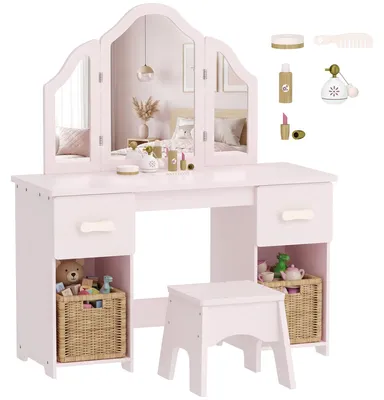 Produktbild von Schminktisch Kinder, 2 in 1 Kinderschminktisch Schreibtisch mit Hocker 2 Schubladen 2 Schränken abnehmbarem Spiegel Rosa
