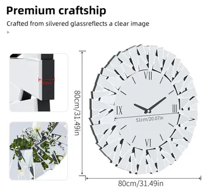 Produktbild von Große Wanduhr - Runde 3D-Spiegeluhr - 80 cm - Römische Ziffern - Modernes Design - Quarzuhrwerk - Wohnzimmer
