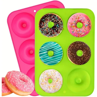 Productafbeelding van Donutvormen van siliconen, set van 2, elk met 6 vakken, antiaanbaklaag, geschikt tot 260°C. Kleur: groen en roze