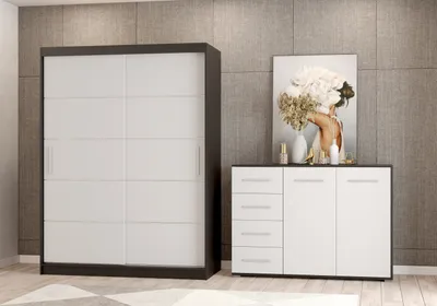Image de lot de 2 armoires à portes coulissantes Armoire avec moulures noir/blanc 150cm Vista 06 avec commode 135cm FRIDA 01