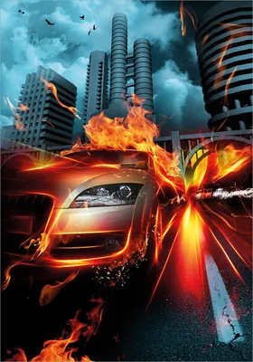Produktbild von Wallario Poster - Brennendes  fahrendes Auto, Kunstdruck Größe: 70 x 100 cm